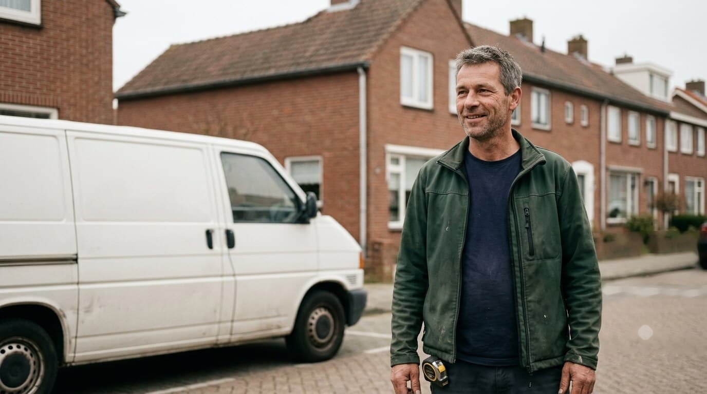 Ervaren Nederlandse vakman bij zijn werkbus in een woonstraat