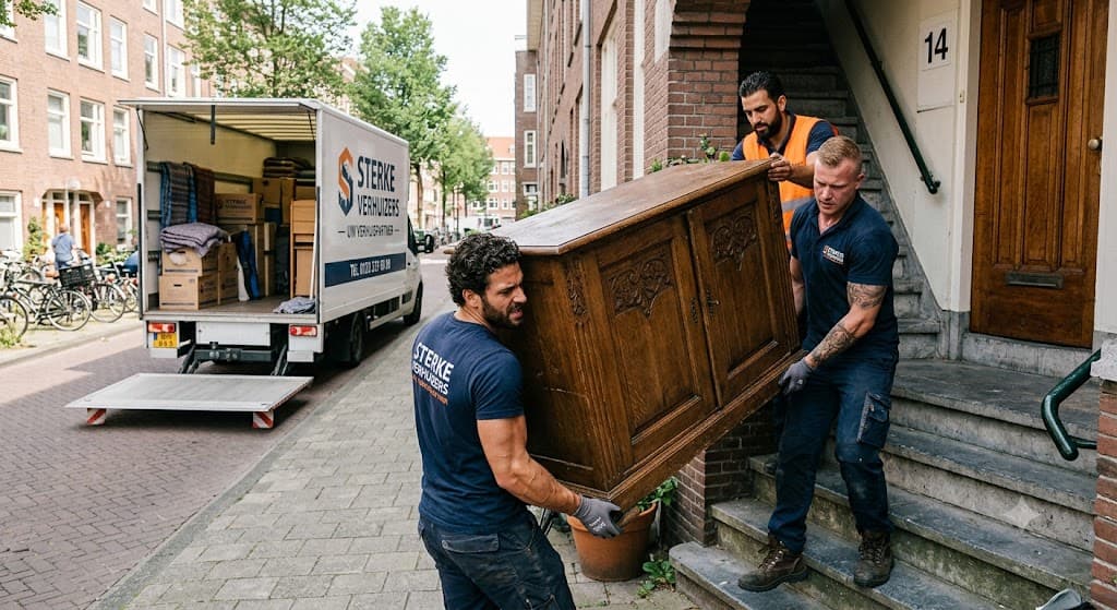 Verhuizers dragen een kast een trap op in een Nederlandse straat